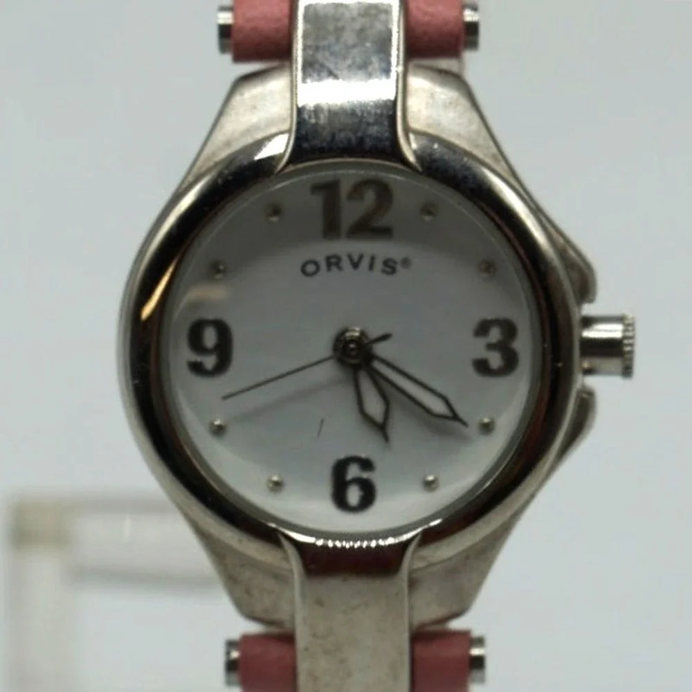 Orvis Ladies Watch Pink Leather Band Silver Tone Case White Dial Quartz Analog